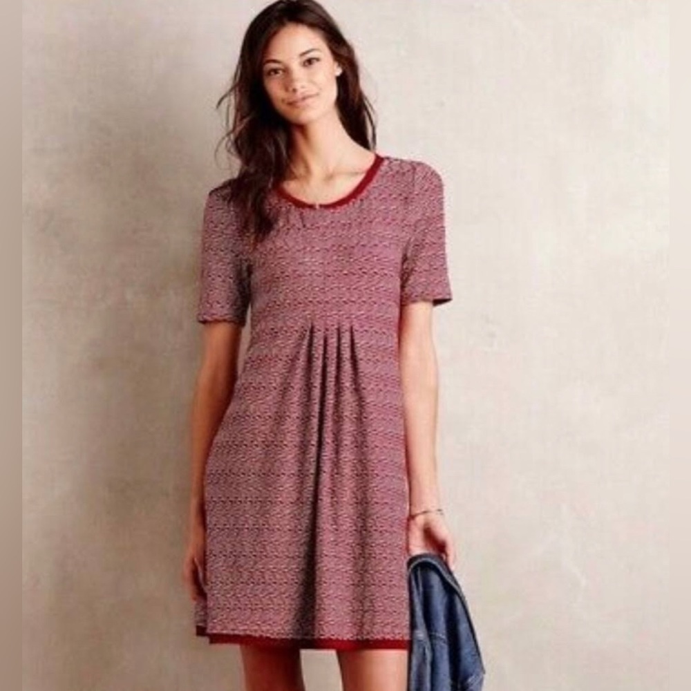 Anthropologie Meave Red White Dora Textured Rayon Short Sleeve Dress EUC Size S